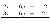 \begin{array}{cccc}
2x & -6y & = & -2 \\
3x & +6y & = & 2 \\
\hline&&&
\end{array} \begin{array}{cccc}
2x & -6y & = & -2 \\
3x & +6y & = & 2 \\
\hline&&&
\end{array}