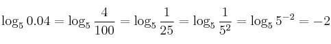 \log_5{0.04}= \log_5 {\frac{4}{100}} = \log_5 {\frac{1}{25}} = \log_5 {\frac{1}{5^2}} = \log_5 {5^{-2}} = -2 \log_5{0.04}= \log_5 {\frac{4}{100}} = \log_5 {\frac{1}{25}} = \log_5 {\frac{1}{5^2}} = \log_5 {5^{-2}} = -2