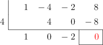  \polyhornerscheme[x=4, resultstyle=\color{red},resultbottomrule,resultleftrule,resultrightrule]{x^3 -4x^2-2x+8}