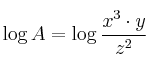 \log A = \log \frac{x^3 \cdot y}{z^2} \log A = \log \frac{x^3 \cdot y}{z^2}