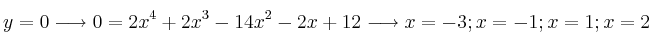 y=0 \longrightarrow 0=2x^4+2x^3-14x^2-2x+12 \longrightarrow x=-3; x=-1 ; x=1 ; x=2