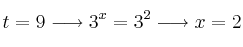 t=9 \longrightarrow 3^x=3^2 \longrightarrow x=2
