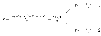\begin{array}{ccc} & & x_1 = \frac{5+1}{2}=3\\ & \nearrow &\\ x=\frac{-(-5)\pm \sqrt{(-5)^2-4 \cdot1\cdot6}}{2 \cdot1}=
\frac{5\pm \sqrt{1}}{2}& &\\ & \searrow &\\& &x_2 = \frac{5-1}{2}=2\end{array}
\begin{array}{ccc} & & x_1 = \frac{5+1}{2}=3\\ & \nearrow &\\ x=\frac{-(-5)\pm \sqrt{(-5)^2-4 \cdot1\cdot6}}{2 \cdot1}=
\frac{5\pm \sqrt{1}}{2}& &\\ & \searrow &\\& &x_2 = \frac{5-1}{2}=2\end{array}