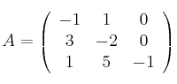 
A =
\left(
\begin{array}{ccc}
     -1 & 1 & 0
  \\ 3 & -2 & 0
  \\ 1 & 5 & -1
\end{array}
\right)
