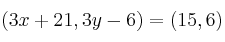 (3x+21,3y-6) = (15,6)