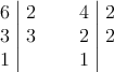 \left. \begin{array}{c|c}6 & 2\cr3 & 3 \cr1\end{array} \right.  \quad \left. \begin{array}{c|c}4 & 2\cr2 & 2 \cr1\end{array} \right.  