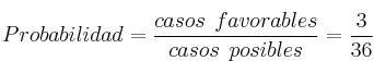 Probabilidad=\frac{casos \: \: favorables}{casos \: \: posibles}= \frac{3}{36} Probabilidad=\frac{casos \: \: favorables}{casos \: \: posibles}= \frac{3}{36}