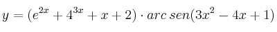 y=(e^{2x}+4^{3x}+x+2) \cdot arc \: sen(3x^2-4x+1) y=(e^{2x}+4^{3x}+x+2) \cdot arc \: sen(3x^2-4x+1)