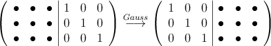 \left(
\begin{array}{ccc|ccc}
\bullet & \bullet & \bullet& 1 & 0 & 0\\
\bullet & \bullet & \bullet& 0 & 1 & 0\\
\bullet & \bullet & \bullet& 0 & 0 & 1
\end{array}
\right) \stackrel{Gauss}{\longrightarrow}
\left(
\begin{array}{ccc|ccc}
1 & 0 & 0 & \bullet & \bullet & \bullet\\
0 & 1 & 0 &\bullet & \bullet & \bullet\\
0 & 0 & 1 &\bullet & \bullet & \bullet
\end{array}
\right)
\left(
\begin{array}{ccc|ccc}
\bullet & \bullet & \bullet& 1 & 0 & 0\\
\bullet & \bullet & \bullet& 0 & 1 & 0\\
\bullet & \bullet & \bullet& 0 & 0 & 1
\end{array}
\right) \stackrel{Gauss}{\longrightarrow}
\left(
\begin{array}{ccc|ccc}
1 & 0 & 0 & \bullet & \bullet & \bullet\\
0 & 1 & 0 &\bullet & \bullet & \bullet\\
0 & 0 & 1 &\bullet & \bullet & \bullet
\end{array}
\right)