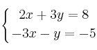 \displaystyle {
\left\{ {2x+3y=8 \atop -3x-y=-5 } \right.}