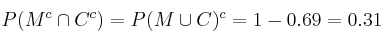 P(M^c \cap C^c)=P(M \cup C)^c=1-0.69=0.31