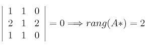  \left|
\begin{array}{ccc}
1 & 1 &0\\
2 & 1 & 2 \\
1 & 1 & 0
\end{array}
\right | = 0 \Longrightarrow rang(A*)=2
