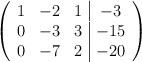 \left( \begin{array}{ccc|c} 1 & -2 & 1 & -3 \\ 0 & -3 & 3 & -15 \\ 0& -7& 2 & -20 \end{array} \right) \left( \begin{array}{ccc|c} 1 & -2 & 1 & -3 \\ 0 & -3 & 3 & -15 \\ 0& -7& 2 & -20 \end{array} \right)