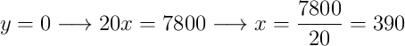 y=0 \longrightarrow 20x=7800 \longrightarrow x=\frac{7800}{20}=390