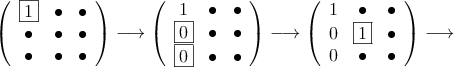 \left(
\begin{array}{ccc}
\fbox{1} & \bullet & \bullet\\
\bullet & \bullet & \bullet\\
\bullet & \bullet & \bullet
\end{array}
\right) \longrightarrow
\left(
\begin{array}{ccc}
1 & \bullet & \bullet\\
\fbox{0} & \bullet & \bullet\\
\fbox{0} & \bullet & \bullet
\end{array}
\right) \longrightarrow
\left(
\begin{array}{ccc}
1 & \bullet & \bullet\\
0 & \fbox{1} & \bullet\\
0 & \bullet & \bullet
\end{array}
\right) \longrightarrow
\left(
\begin{array}{ccc}
\fbox{1} & \bullet & \bullet\\
\bullet & \bullet & \bullet\\
\bullet & \bullet & \bullet
\end{array}
\right) \longrightarrow
\left(
\begin{array}{ccc}
1 & \bullet & \bullet\\
\fbox{0} & \bullet & \bullet\\
\fbox{0} & \bullet & \bullet
\end{array}
\right) \longrightarrow
\left(
\begin{array}{ccc}
1 & \bullet & \bullet\\
0 & \fbox{1} & \bullet\\
0 & \bullet & \bullet
\end{array}
\right) \longrightarrow