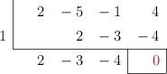 \polyhornerscheme[x=1,resultstyle=\color{red},resultbottomrule,resultleftrule,resultrightrule]{2x^3-5x^2-x+4}