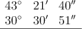 \begin{array}{ccc}
43^{\circ} & 21^{\prime} & 40^{\prime \prime} \\
30^{\circ} & 30^{\prime} & 51^{\prime \prime} \\
\hline
\end{array}
