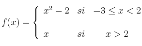 f(x)= \left\{ \begin{array}{lcc}
x^2-2 & si & -3 \leq x < 2 \\
\\ x & si & x > 2
\end{array}
\right.
f(x)= \left\{ \begin{array}{lcc}
x^2-2 & si & -3 \leq x < 2 \\
\\ x & si & x > 2
\end{array}
\right.