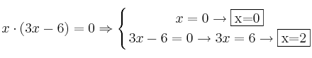 x \cdot (3x-6)=0 \Rightarrow
\displaystyle {
\left\{ {x=0 \rightarrow \fbox{x=0} \atop 3x-6=0 \rightarrow 3x=6 \rightarrow \fbox{x=2}} \right.} x \cdot (3x-6)=0 \Rightarrow
\displaystyle {
\left\{ {x=0 \rightarrow \fbox{x=0} \atop 3x-6=0 \rightarrow 3x=6 \rightarrow \fbox{x=2}} \right.}