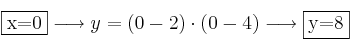 \fbox{x=0} \longrightarrow y = (0 - 2) \cdot (0 - 4) \longrightarrow \fbox{y=8} \fbox{x=0} \longrightarrow y = (0 - 2) \cdot (0 - 4) \longrightarrow \fbox{y=8}