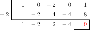  \polyhornerscheme[x=-2, resultstyle=\color{red},resultbottomrule,resultleftrule,resultrightrule]{x^4 - 2x^2 + 1}