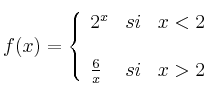  
f(x)= \left\{ \begin{array}{lcc}
              2^x &   si  & x < 2 \\
              \\ \frac{6}{x} &  si &  x > 2 
              \end{array}
    \right.
