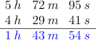 \begin{array}{ccc}
  5\:h & 72 \:m & 95 \: s \\
 4\:h & 29 \:m & 41 \: s \\
\hline
 \textcolor{blue}{1\:h} & \textcolor{blue}{43 \:m} & \textcolor{blue}{54 \: s}
\end{array} 