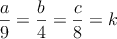 \frac{a}{9}=\frac{b}{4}=\frac{c}{8}=k