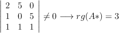\left|
\begin{array}{ccc}
2 & 5 & 0 \\
1 & 0   & 5 \\
1 & 1  & 1 
\end{array}
\right| \neq  0 \longrightarrow rg(A*)=3
