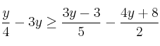 \frac{y}{4} - 3y \geq \frac{3y-3}{5} - \frac{4y+8}{2} 
